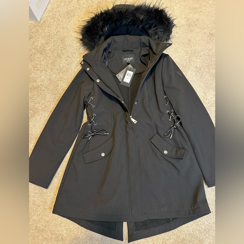 🆕 Guess Black Hooded Coat with Fur Trim - Picture 4 of 10